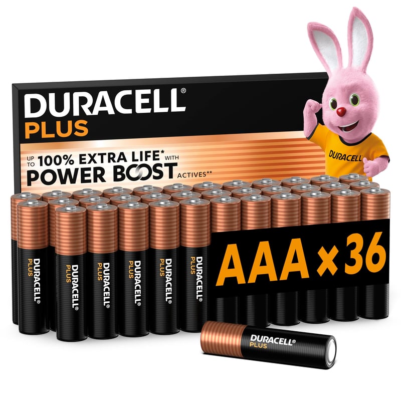 Alkalické batérie Duracell Plus AAA 1,5 V – balenie 36 ks – technológia Power Boost – dlhá životnosť na použitie v domácnosti a kancelárii