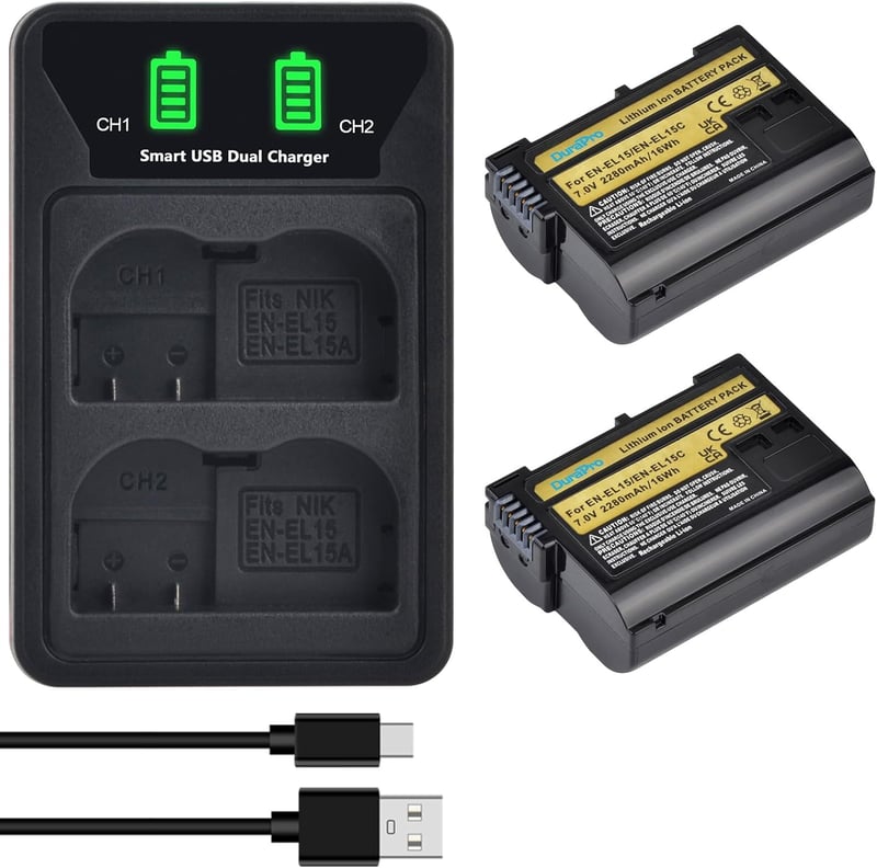 DuraPro 2x 2280mAh EN-EL15C Akkumulátor + LED USB-C Dupla Töltő Nikon Z6 II Z7 II Z5 Z6 Z7 D500 D600 D750 D800 D810 D850 Fényképezőgéphez