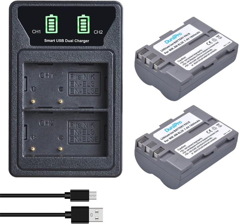 DuraPro 2x EN-EL3e Akkumulátor + LED Dupla USB Töltő Type-C Porttal Nikon D50 D70 D80 D90 D100 D200 D300 D700 Fényképezőgépekhez