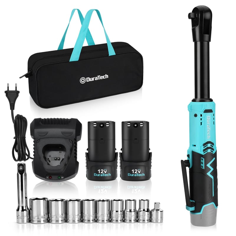 Set Cheie cu Clichet Electric DURATECH 12V, 3/8 inch, 60 Nm, 2x2,0 Ah Acumulatori, Lampă LED, 10 Capete Cheie Tubulară, Încărcător și Geantă de Transport