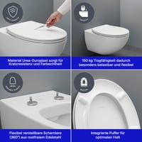 Univerzálna WC doska Duravit s funkciou Soft-Close, rýchloupínacím systémom Quick Release, oválnym tvarom, z materiálu Urea-Duroplast a s pántmi z nehrdzavejúcej ocele 5