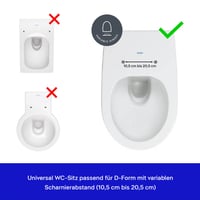 Univerzálna WC doska Duravit s funkciou Soft-Close, rýchloupínacím systémom Quick Release, oválnym tvarom, z materiálu Urea-Duroplast a s pántmi z nehrdzavejúcej ocele 6