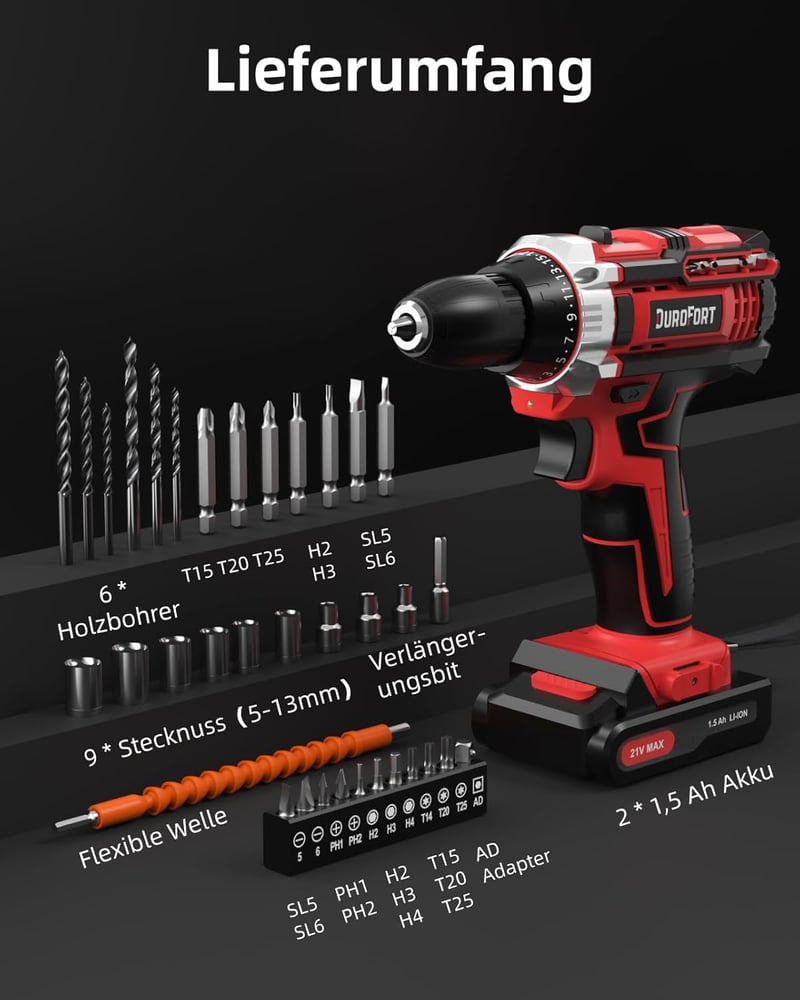 DuroFort 21V Akkus Fúró Készlet 2 Akkumulátorral, 35 Nm, 25+1 Fokozat, LED