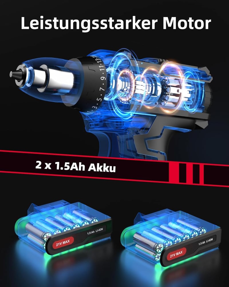 DuroFort 21V Akkus Fúró Készlet 2 Akkumulátorral, 35 Nm, 25+1 Fokozat, LED