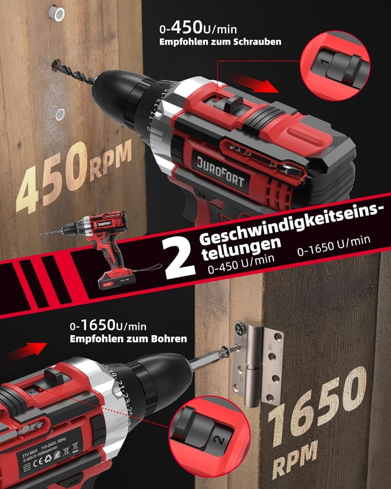 DuroFort 21V Akkus Fúró Készlet 2 Akkumulátorral, 35 Nm, 25+1 Fokozat, LED