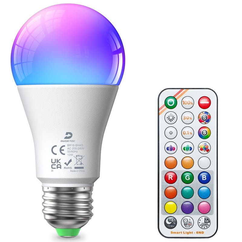 Bec LED RGB DUSKTEC E27 cu telecomandă, 12W, 1300LM, bec inteligent colorat