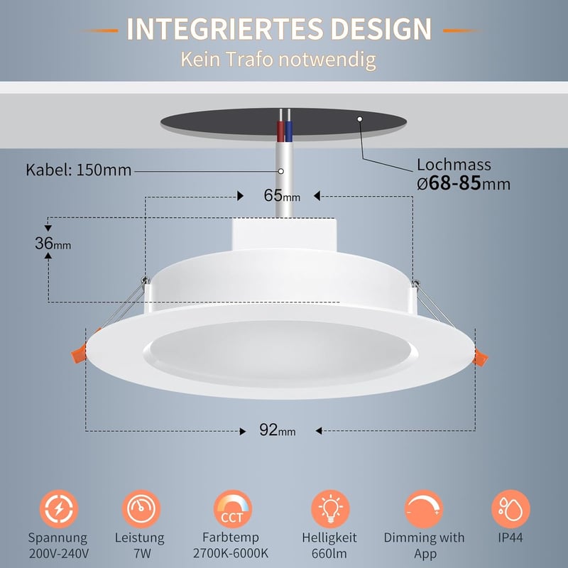DUSKTEC LED Beépíthető Spotlámpa Alexa Vezérléshez, 7W Okos Mennyezeti Lámpa, APP és Hangvezérlés, Meleg-Nappali Fény, 6 db