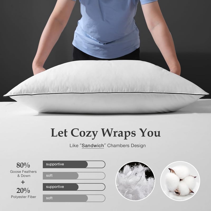 DWR 3-Kamrás Libatoll Párna 50x75 cm 2db - Luxus Alvópárna Organikus Pamut Huzattal, Puha és Tartós Támasz, Légáteresztő Fehér Fejpárna