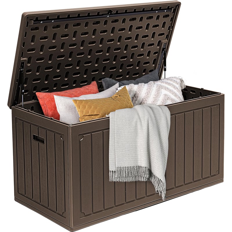 DWVO 270L živicový záhradný úložný box s kolieskami, vodotesný, uzamykateľný terasový úložný priestor na vankúše a záhradné náradie, svetlohnedý