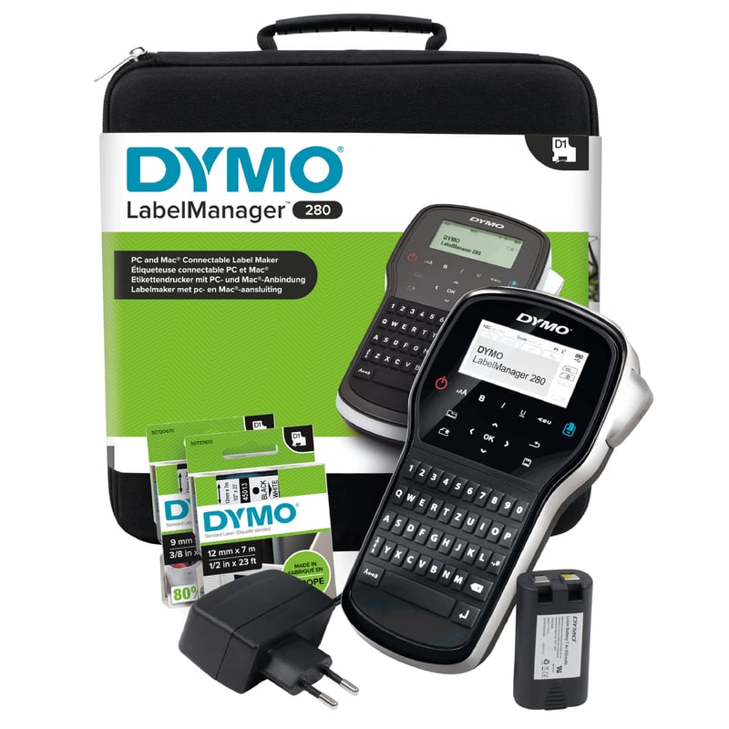 Prenosná tlačiareň štítkov DYMO LabelManager 280 v kufríku – QWERTZ klávesnica, pripojenie k PC/Mac, pre pásky D1 so šírkou 6, 9 a 12 mm