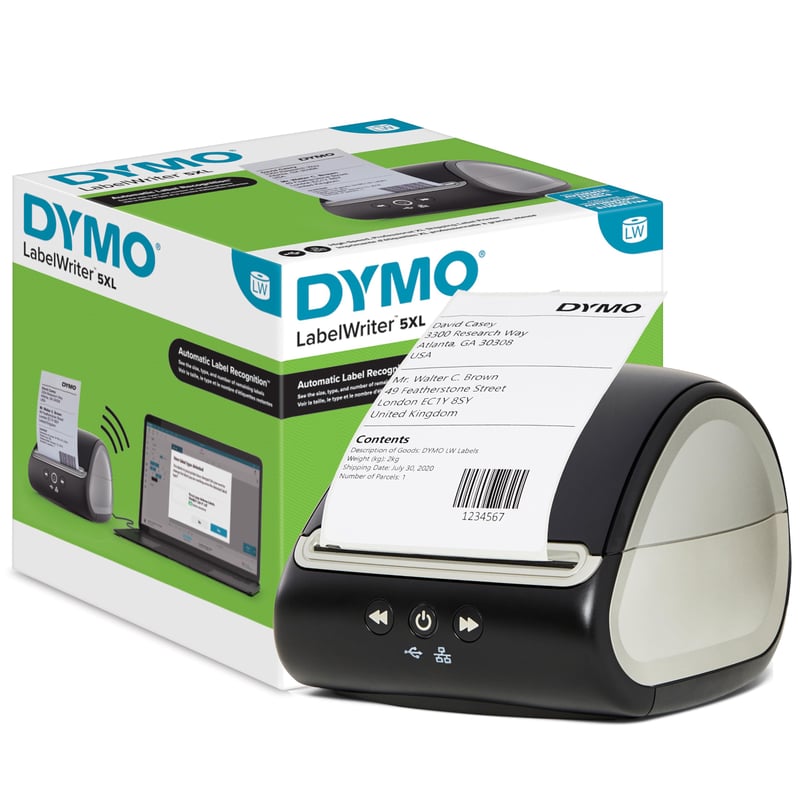Tlačiareň štítkov DYMO LabelWriter 5XL – Automatická rozpoznávanie štítkov, extra široké prepravné štítky, kompatibilná s Amazon a DHL, EÚ zástrčka