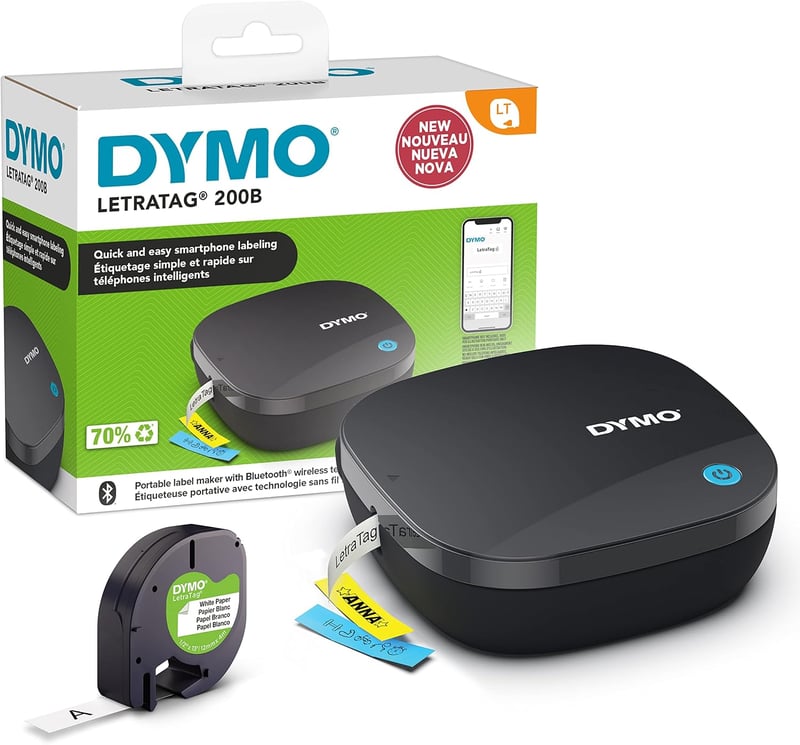 DYMO LetraTag 200B Bluetooth pisač naljepnica kompaktni uređaj za ispis naljepnica kompatibilan s iOS i Android sustavima, s bijelom papirnatom trakom, 1 kom