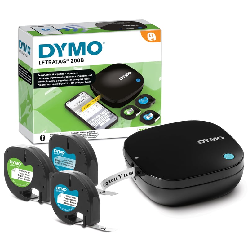 DYMO LetraTag 200B Bluetooth štítkovač – Kompaktná tlačiareň štítkov kompatibilná s iOS a Androidom, s 3 ks pások na štítky
