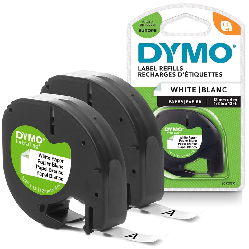 Bandă de etichetare din hârtie DYMO LetraTag originală, text negru pe fundal alb, 12 mm x 4 m, autoadezivă, pentru aparate de etichetat LetraTag, set 2 casete
