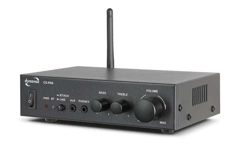 Mini stereo digitálny zosilňovač Dynavox CS-PA8 so vstavanou Bluetooth anténou a výstupom na slúchadlá, čierny