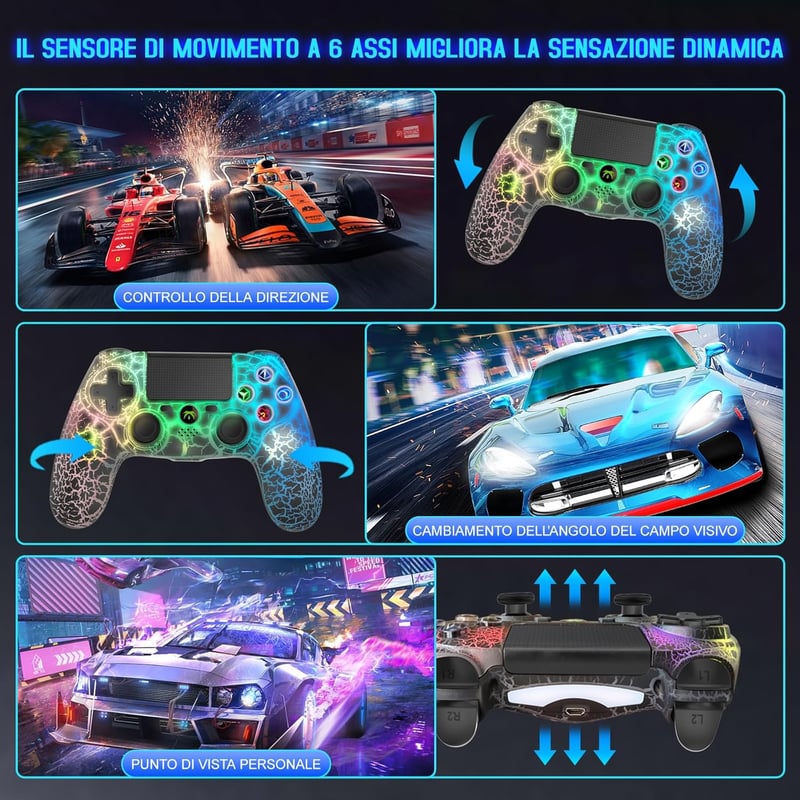 DYONDER Vezeték Nélküli Kontroller PS4-hez RGB Fénnyel, Dupla Rezgéssel - Kompatibilis PS4/Slim/Pro Konzolokkal