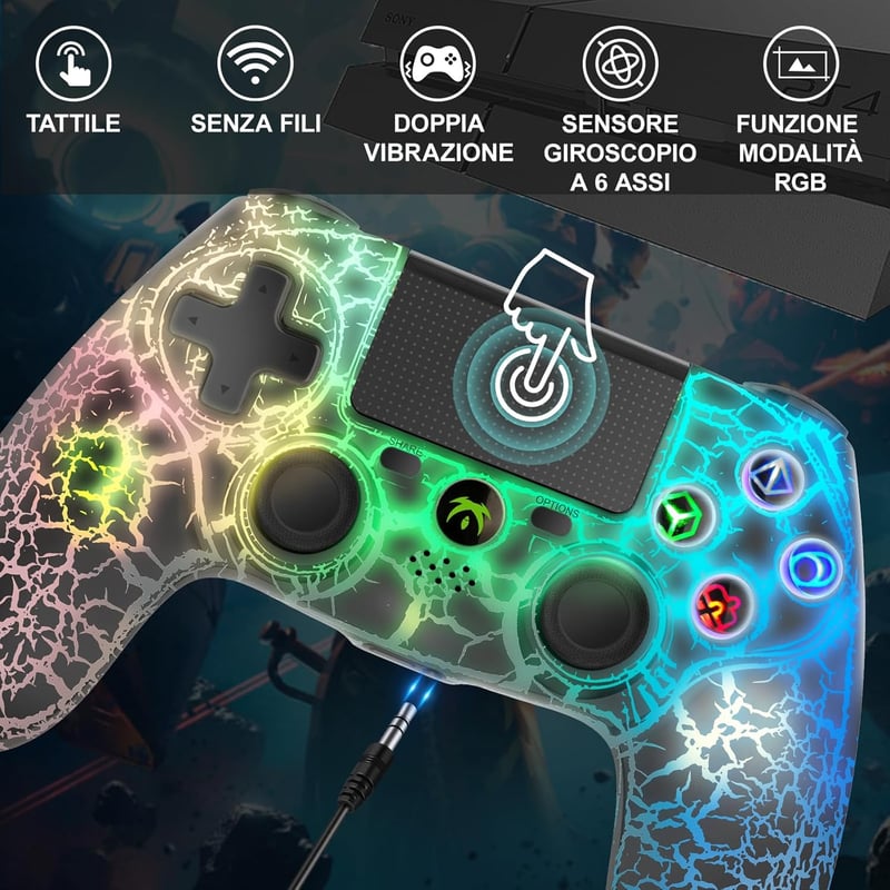 DYONDER Vezeték Nélküli Kontroller PS4-hez RGB Fénnyel, Dupla Rezgéssel - Kompatibilis PS4/Slim/Pro Konzolokkal