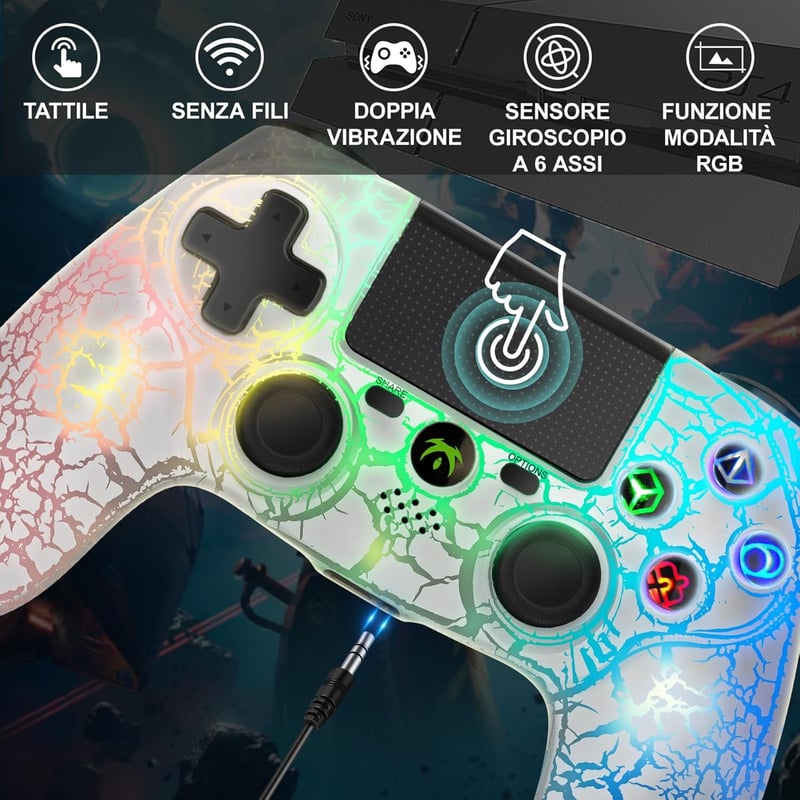 DYONDER Vezeték Nélküli PS4 Kontroller - Dupla Vibrációs Gamepad RGB Világítással, 10 Órás Üzemidő, Ergonomikus Kialakítás, PS4/Slim/Pro/PC 