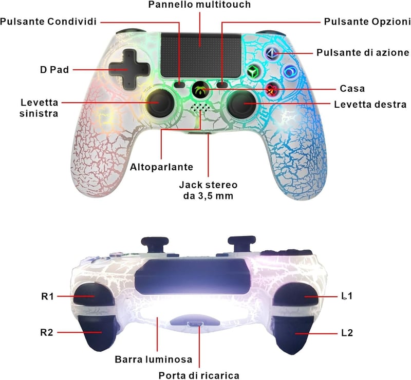 DYONDER Vezeték Nélküli PS4 Kontroller - Dupla Vibrációs Gamepad RGB Világítással, 10 Órás Üzemidő, Ergonomikus Kialakítás, PS4/Slim/Pro/PC 