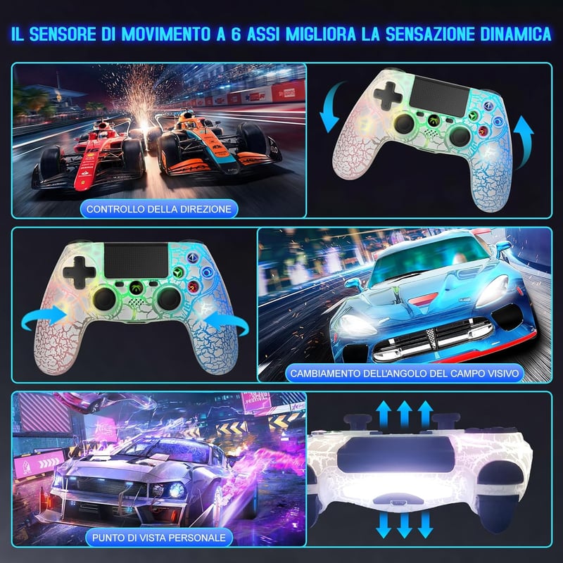 DYONDER Vezeték Nélküli PS4 Kontroller - Dupla Vibrációs Gamepad RGB Világítással, 10 Órás Üzemidő, Ergonomikus Kialakítás, PS4/Slim/Pro/PC 