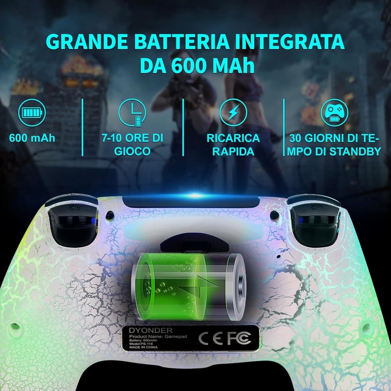 DYONDER Vezeték Nélküli PS4 Kontroller - Dupla Vibrációs Gamepad RGB Világítással, 10 Órás Üzemidő, Ergonomikus Kialakítás, PS4/Slim/Pro/PC 