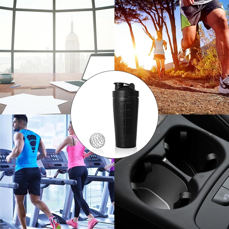 DYOUen 750 ml Rozsdamentes Acél Protein Shaker - Fekete Fitness Italkeverő Palack Keverőgömbbel, Szivárgásmentes, Hordozható Edzéshez és Dié