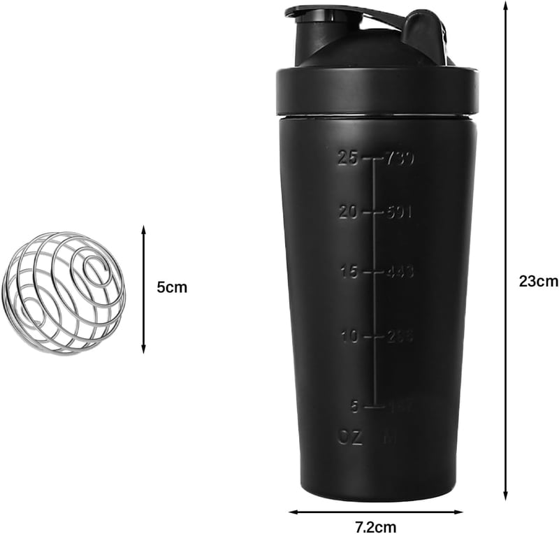 DYOUen 750 ml Rozsdamentes Acél Protein Shaker - Fekete Fitness Italkeverő Palack Keverőgömbbel, Szivárgásmentes, Hordozható Edzéshez és Dié