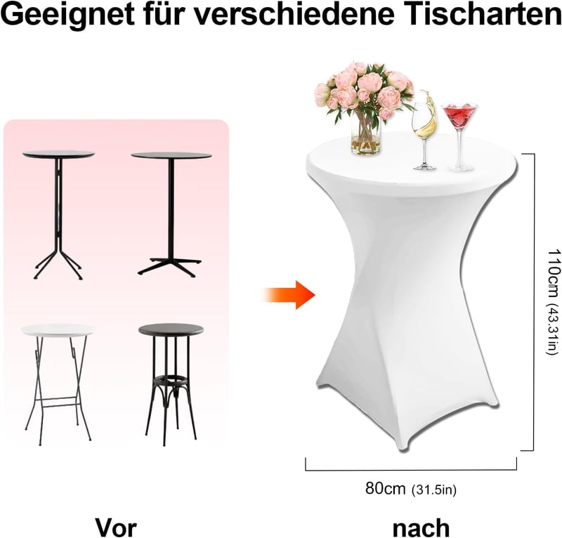 DYOUen Elasztikus Bárasztal Huzat Szett - 2 db Nyújtható Asztalterítő 80x110 cm - Fehér Poliészter Spandex Védőborítás Bárpulthoz, Kerek Asz