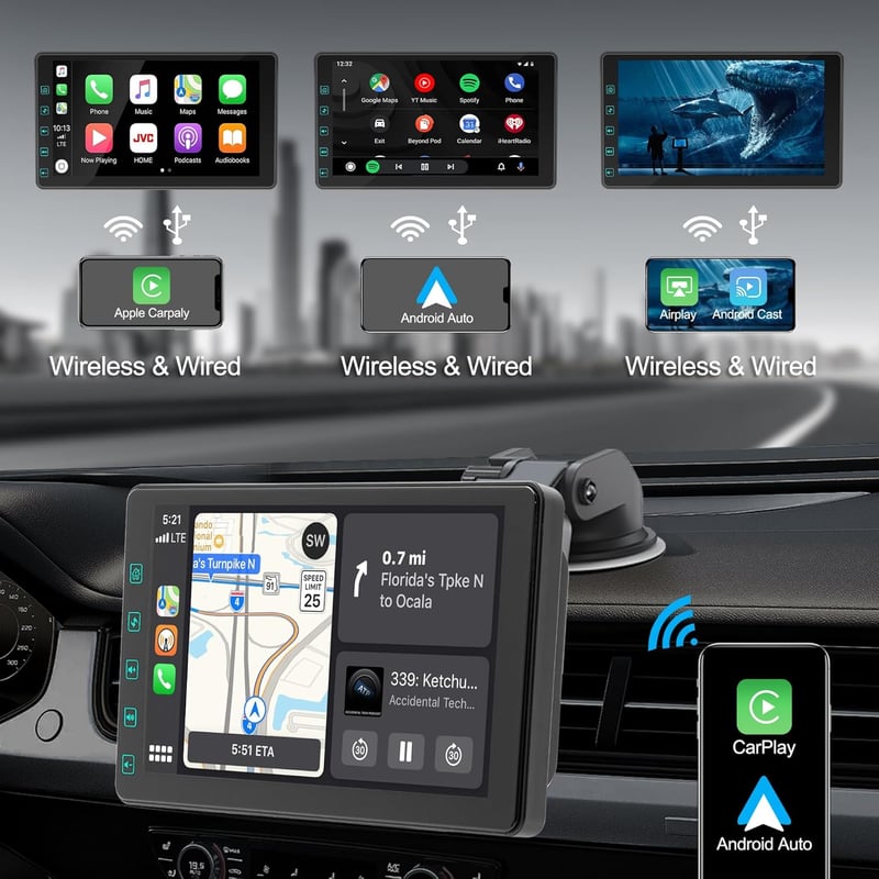 DYWSWINN 7 Hüvelykes Vezeték Nélküli Autórádió CarPlay és 1080P Tolatókamerával, Érintőképernyős GPS Navigáció Bluetooth FM