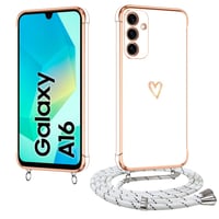 E-Lush kryt na Samsung Galaxy A16 s remienkom, galvanizovaný silikónový ochranný kryt so srdiečkovým vzorom, šnúrkou na krk, ochranou fotoaparátu a nárazuvzdornou úpravou, biely 1