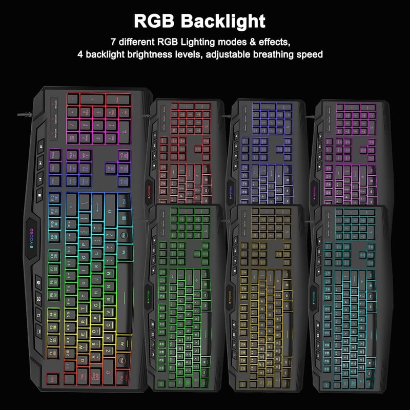 E-Yooso Gaming Billentyűzet és Egér Szett RGB Háttérvilágítással, Csuklótámasszal, 104 Gombos Csendes Membrán, Anti-Ghosting, PC Gamer
