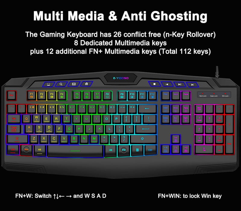 E-Yooso Gaming Billentyűzet és Egér Szett RGB Háttérvilágítással, Csuklótámasszal, 104 Gombos Csendes Membrán, Anti-Ghosting, PC Gamer