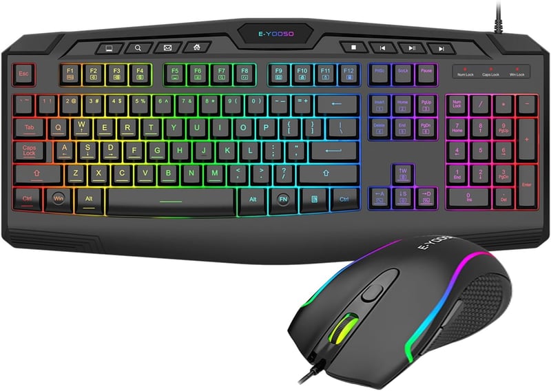 E-Yooso Gaming Billentyűzet és Egér Szett RGB Háttérvilágítással, Csuklótámasszal, 104 Gombos Csendes Membrán, Anti-Ghosting, PC Gamer