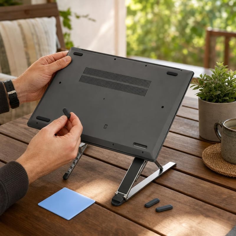 Set za stabilnost laptopa: 3x gumene nožice + sklopivo postolje + termalna podloga