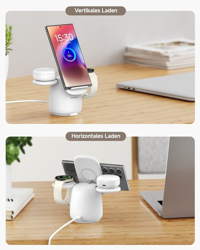 SwanScout 707S 3 az 1-ben Vezeték Nélküli Indukciós Töltőállomás Samsung S25 Ultra/S24/Z Flip 6/Z Fold 6 Telefonokhoz, Galaxy Watch 7/6/5/4 