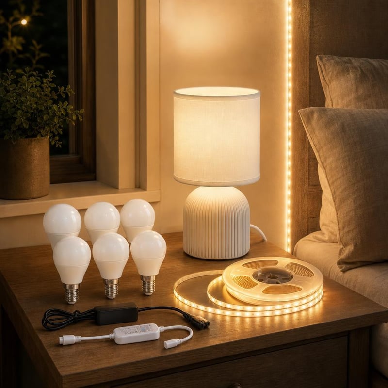 Pachet Atmosferă Dormitor: 5m bandă LED + lampă masă + 6 becuri E14