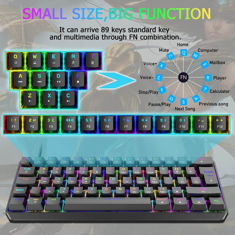 Kompakt 60% RGB Gamer Billentyűzet, Kék Kapcsolós, 62 Gombos, USB-C, Kék