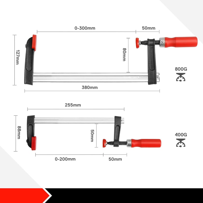 WORKPRO F-szorító készlet, 2 részes, erős csúsztatható asztalos szorítók, 200mm (8") és 300mm (12"), fekete, 272 kg szorítóerő