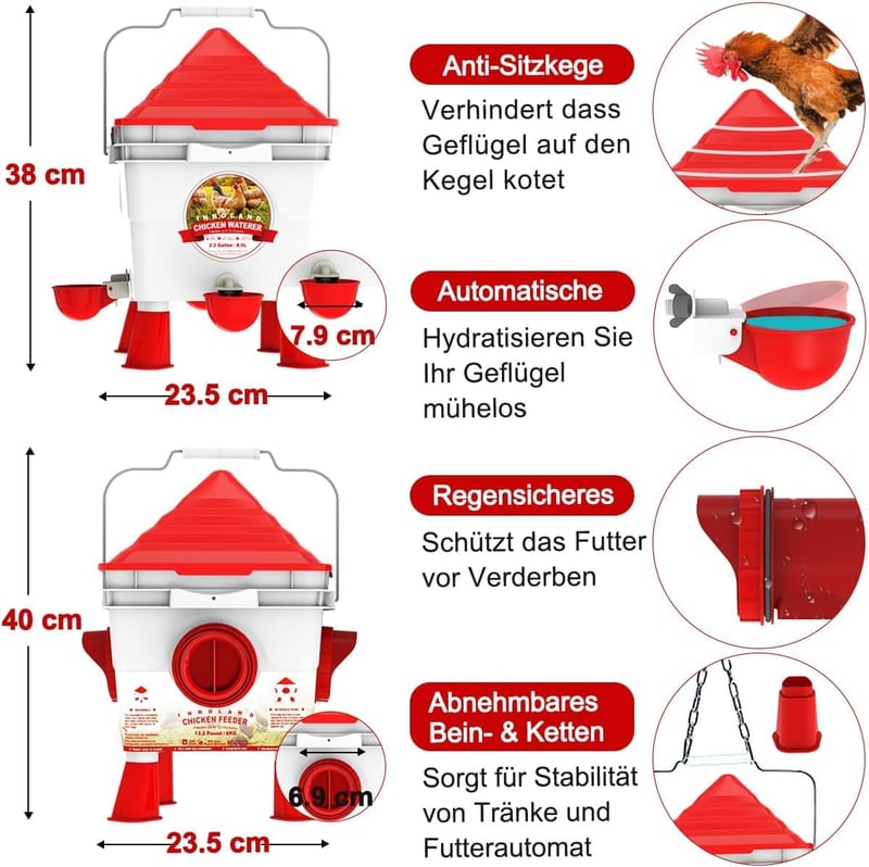 INNOLAND Automata Baromfi Etető és Itató Készlet, 6kg/8,5L, 4 Adagolónyílással, Állítható Lábakkal, Csirkéknek, Kacsáknak