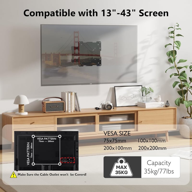 BONTEC Dönthető és Forgatható TV Fali Tartó 13-43 Colos LED/LCD/OLED TV-hez és Monitorhoz, 35 kg Teherbírással, VESA 200x200 mm