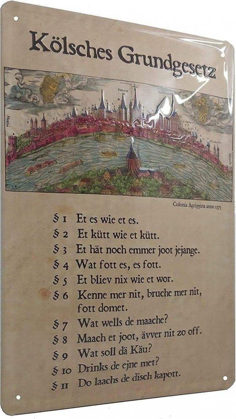 Retro dombornyomott német nyelvű "Kölsche Grundgesetz" ólomtábla