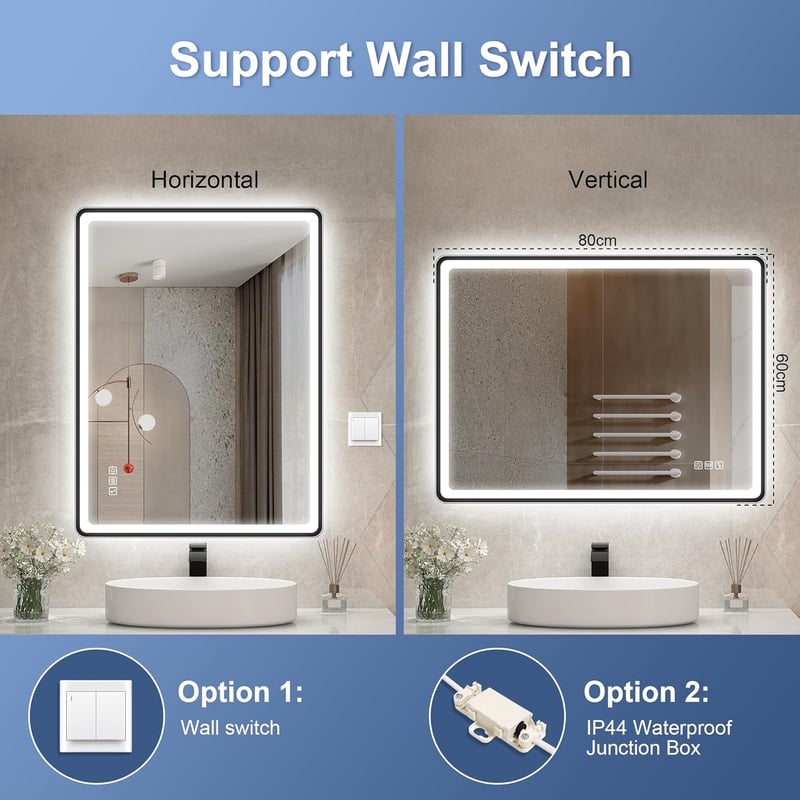 STARLEAD Fürdőszobai Tükör Szabályozható LED Világítással, 3 Színhőmérséklet, Páramentesítő, Bluetooth Hangszóró, Edzett Üveg, 80x60 cm, Fek