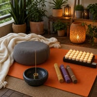 Meditációs békesziget: füstölőtartó + ülőpárna + jógamatrac + 120 db füstölő + 24 db időzítős mécses + teddy 1
