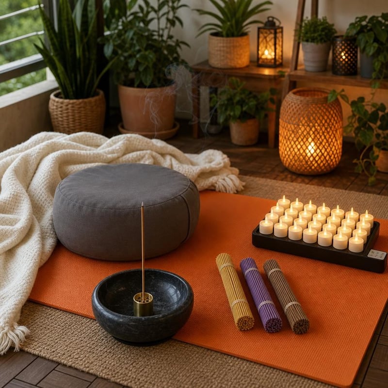 Meditációs békesziget: füstölőtartó + ülőpárna + jógamatrac + 120 db füstölő + 24 db időzítős mécses + teddy