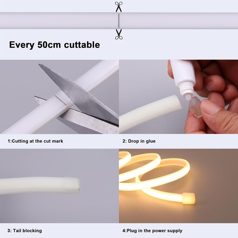 BENLUN 20m-es Vízálló COB LED Szalag, 6000K Hideg Fehér, IP65 Védelemmel, Flexibilis Vágható, 220V-os, Transzformátor Nélküli, Dugóval, Épít