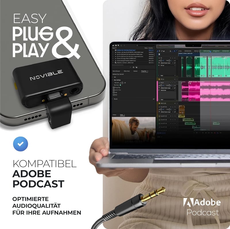 Novible Aura Lite Vezeték Nélküli Csíptetős Mikrofon iPhone, Android, Kamera és PC Eszközökhöz - 25 Órás Üzemidő, Zajszűrés, 100m Hatótáv