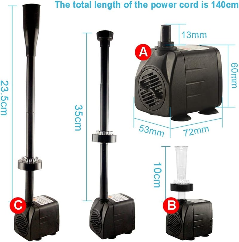 Bseical LED-es Kerti Szivattyú 750L/h - Csendes Vízpumpa Tóhoz, Akváriumhoz, Szökőkúthoz 4 Szórófejjel, Állítható Vízáramlással, 15W