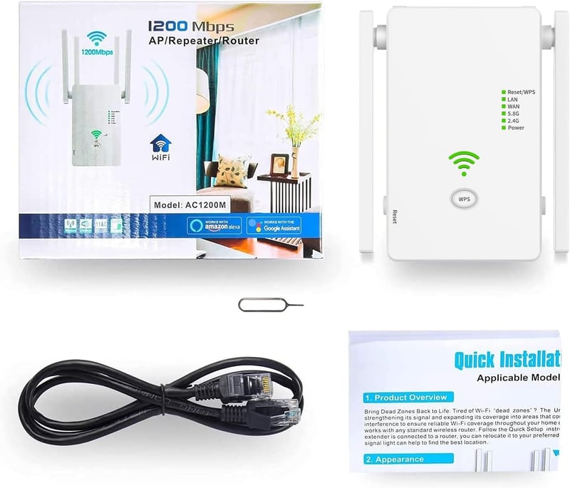 Aenxwa WiFi Jelerősítő 1200 Mbit/s Dual Band 2.4GHz + 5GHz - 4 Antennás Vezeték Nélküli Hálózati Repeater Router Üzemmóddal és LAN Porttal