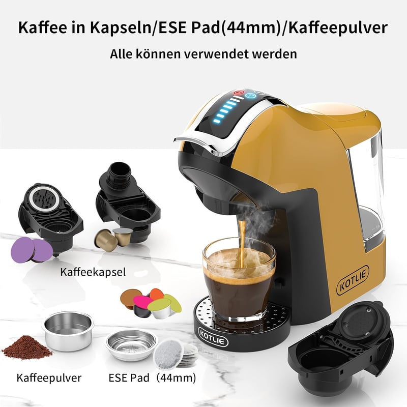 KOTLIE EM-308A Multifunkciós Kávéfőző Kapszulákhoz/ESE Párnákhoz/Őrölt Kávéhoz - 7 Vízmennyiség, 4 Hőmérséklet, Hideg Kávé Funkció, Sárga