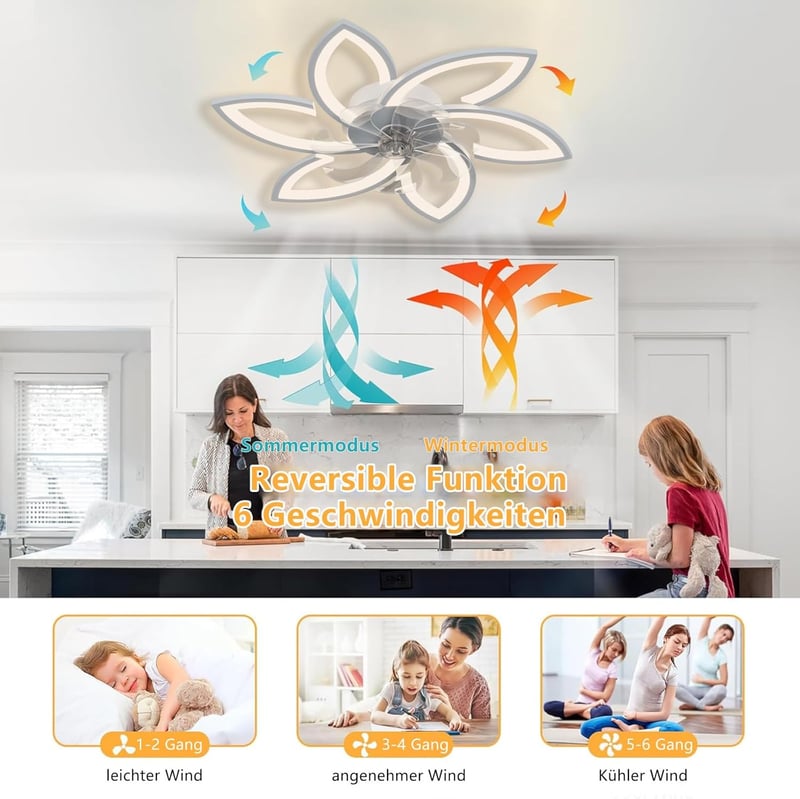 Revneey LED Mennyezeti Ventilátor Lámpával - 66W Szabályozható Fényerő, 3000-6000K, 6 Fejes Virág Dizájn, Csendes, Fehér, 78x15cm, Nappali é